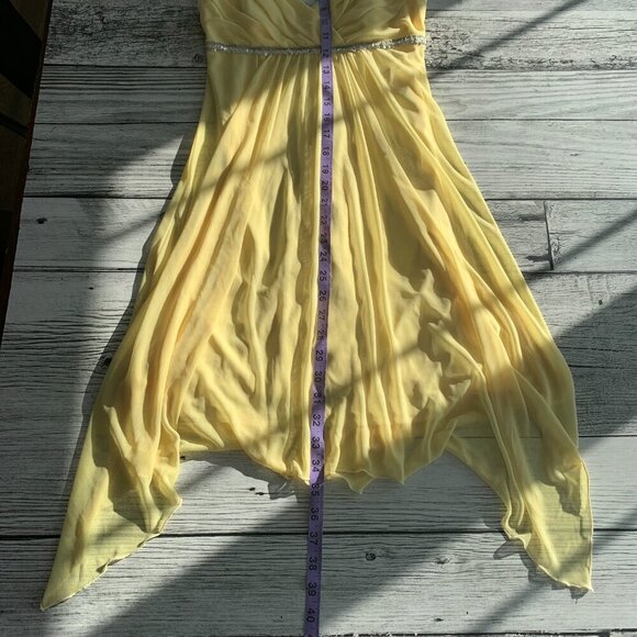 Vintage Babydoll Sheer Yellow Chiffon Handkerchief Asymmetrical Hem Midi Dress - Picture 13 of 13